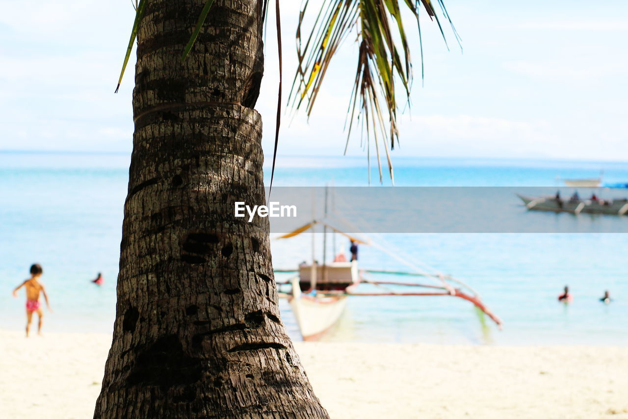 Rear view of man on beach against sky