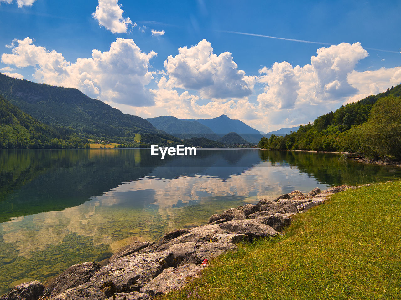 Scenic view of lake by mountains against sky