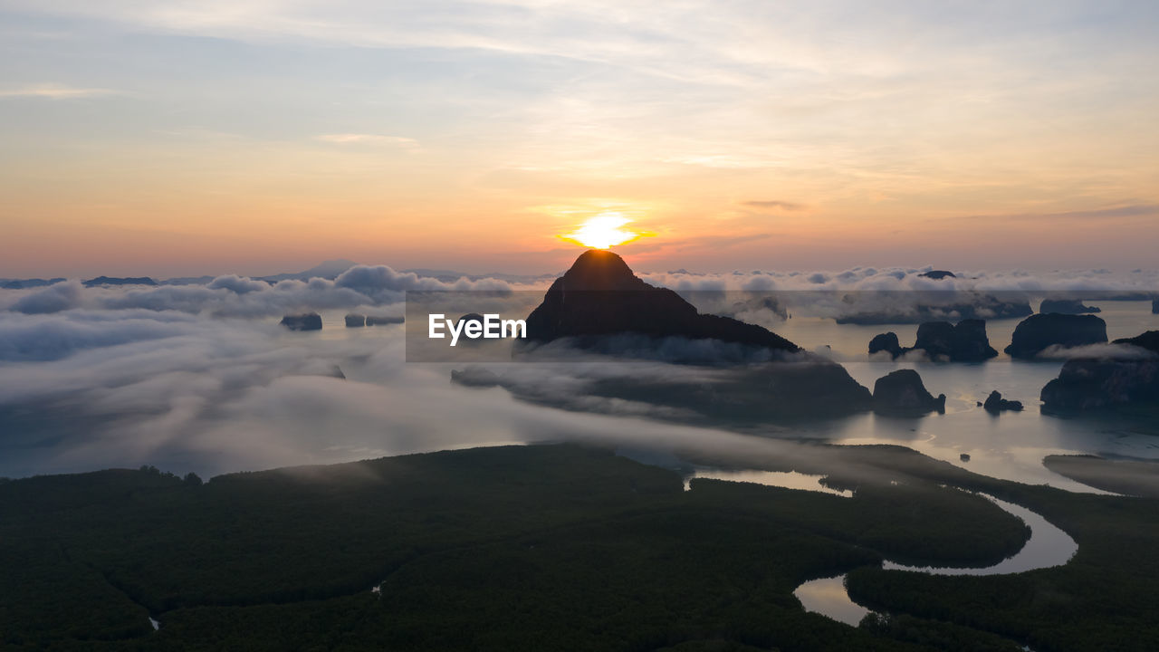 View of phang nga bay from samet nangshe viewpoint at sunrise thailand