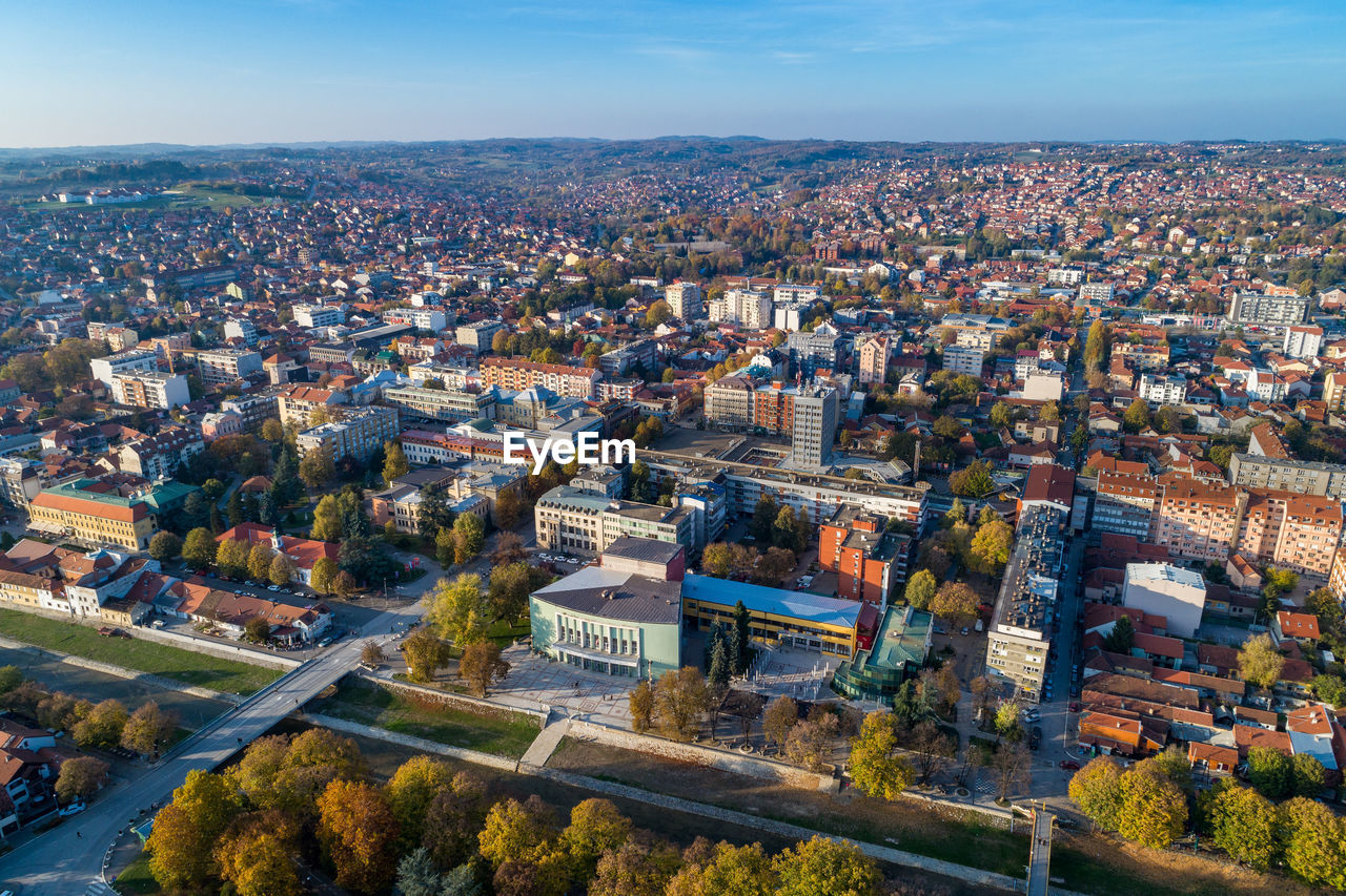 Valjevo - panorama of city in serbia. aerial drone view administrative center of the kolubara