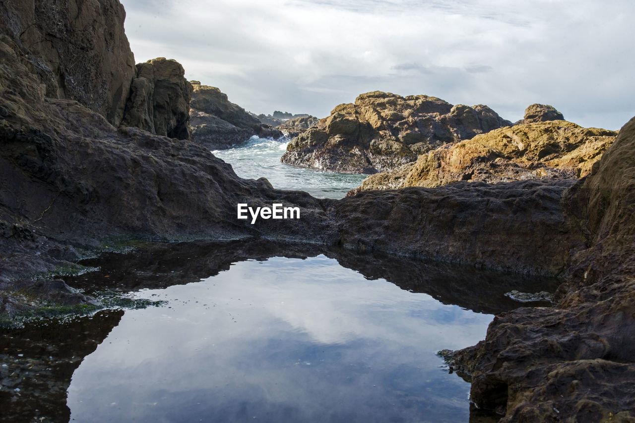 Rocky shore against cloudy sky