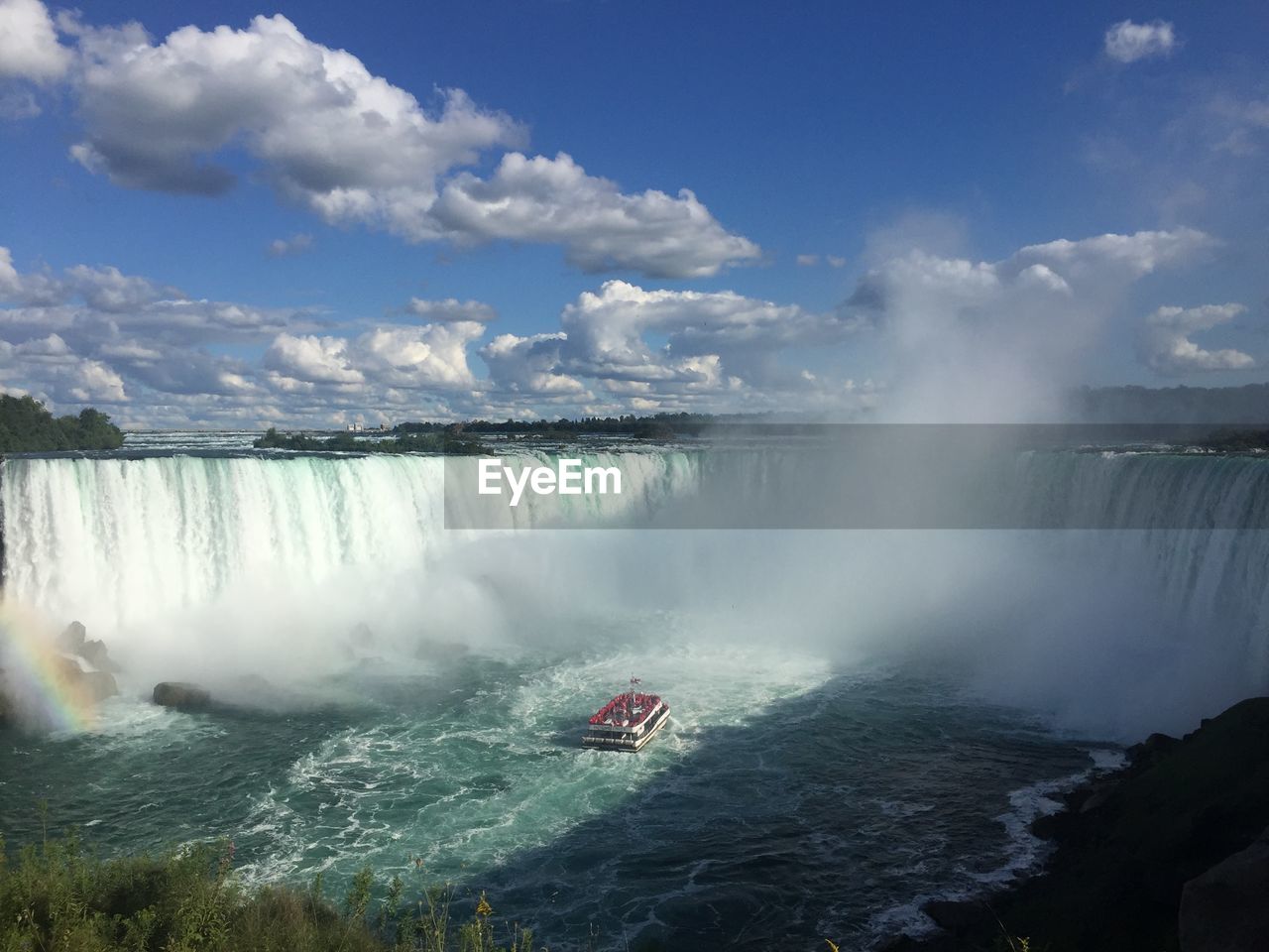 Scenic view of waterfall against sky