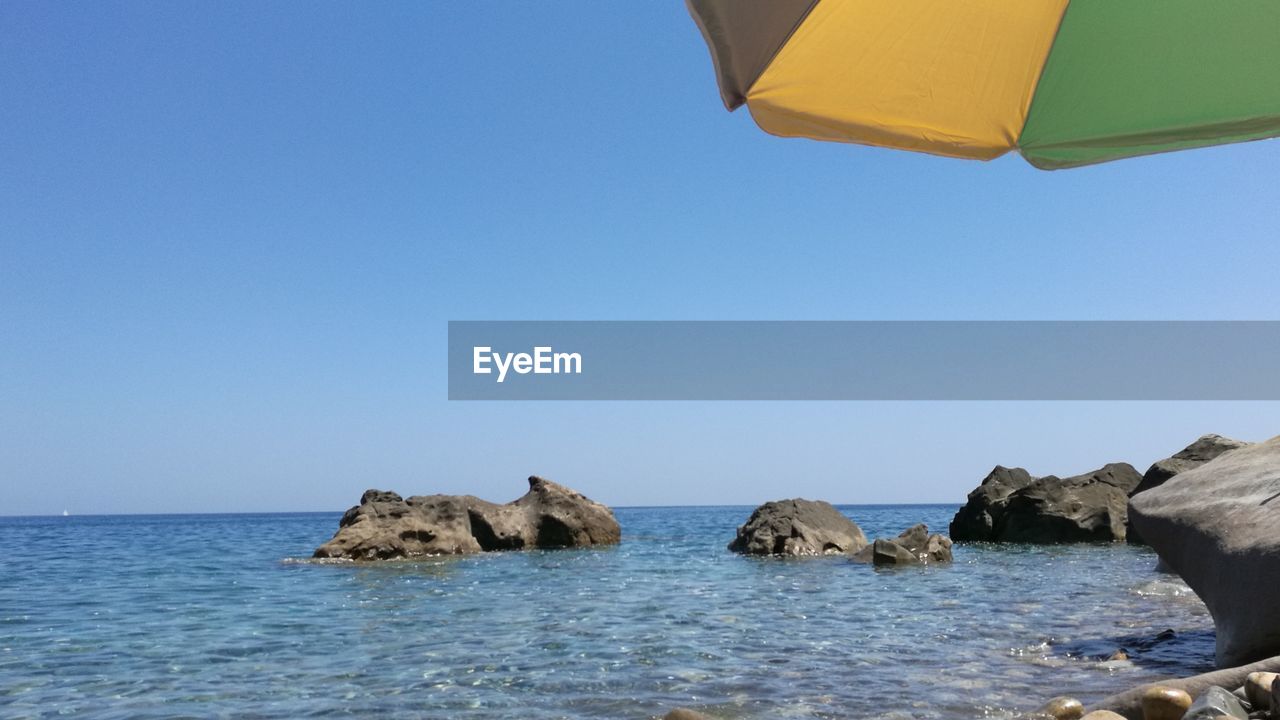 Scenic view of sea against clear blue sky