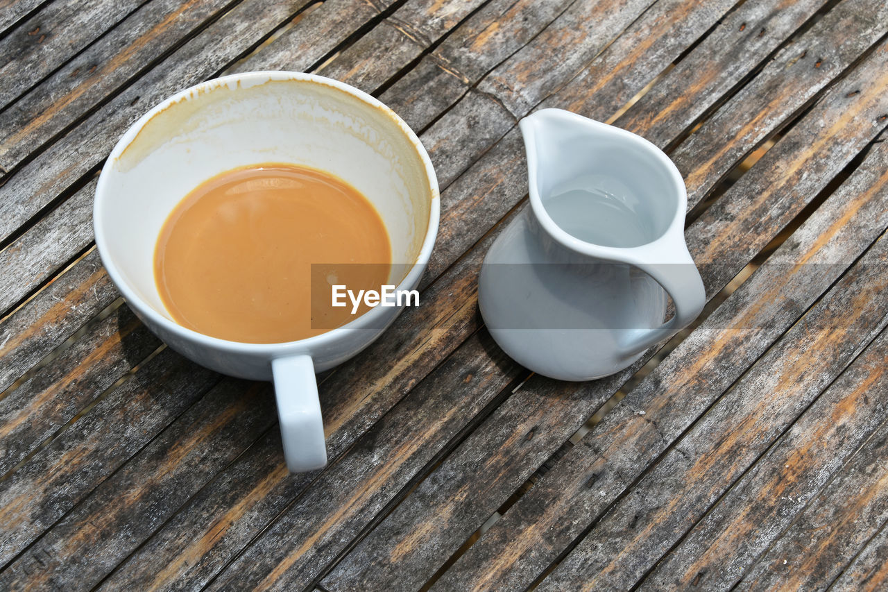 High angle view of coffee on wooden table