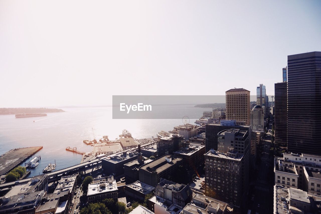 High angle view of cityscape against clear sky