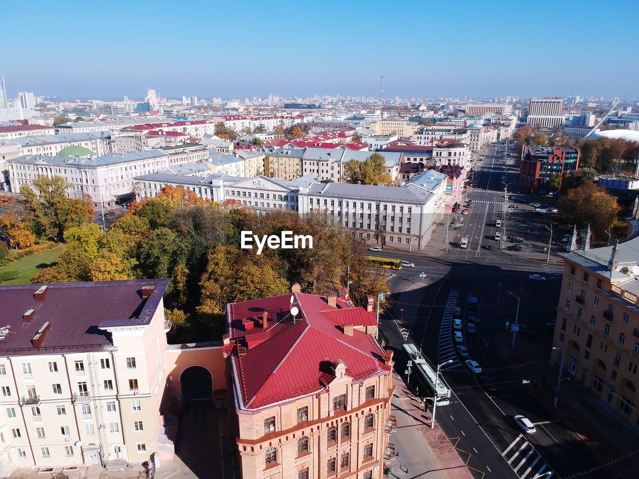 High angle view of townscape against clear sky