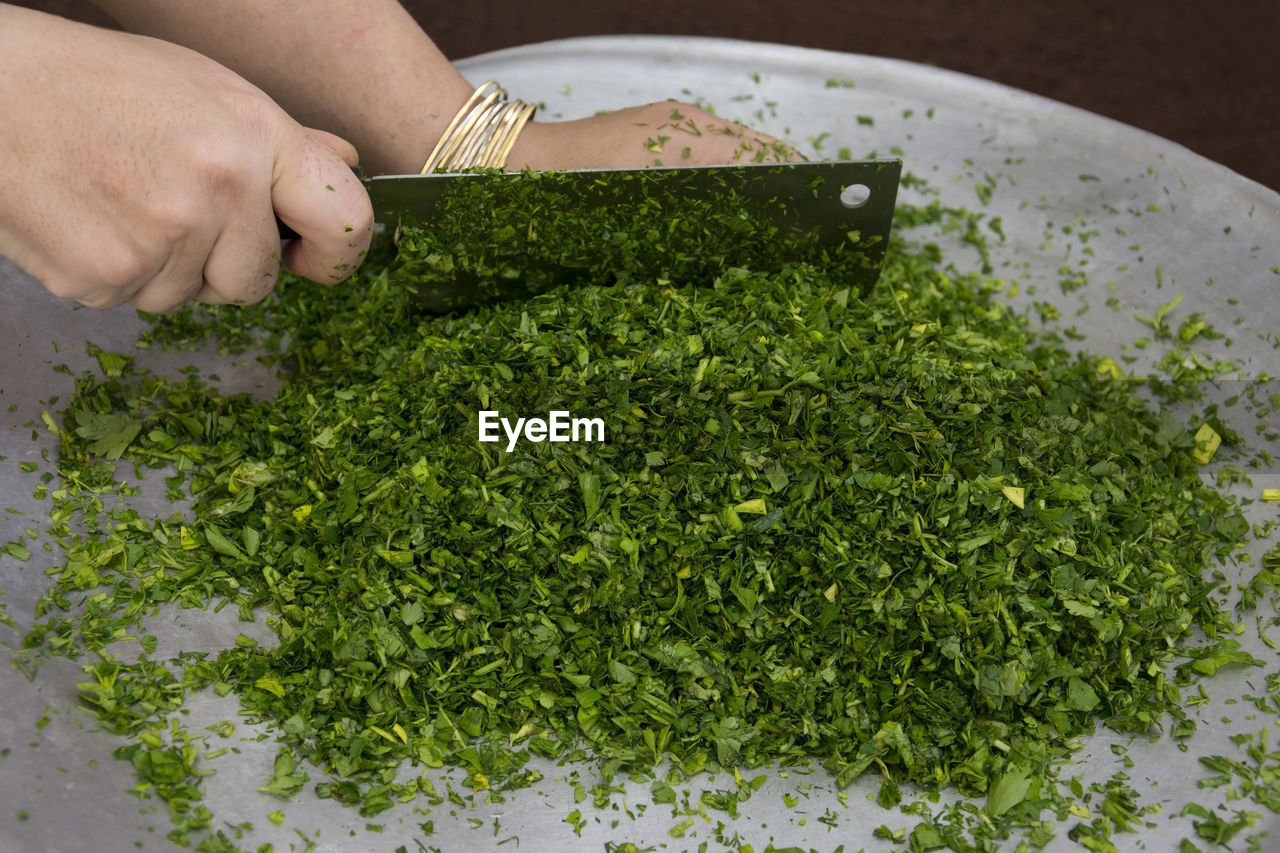 High angle view of hands cutting herbs