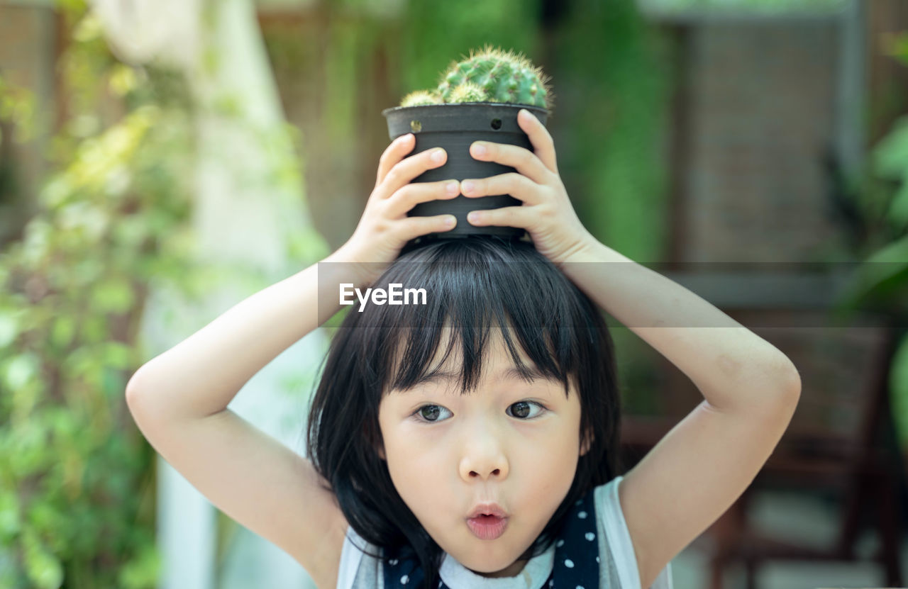 Cute girl carrying potted plant on head outdoors