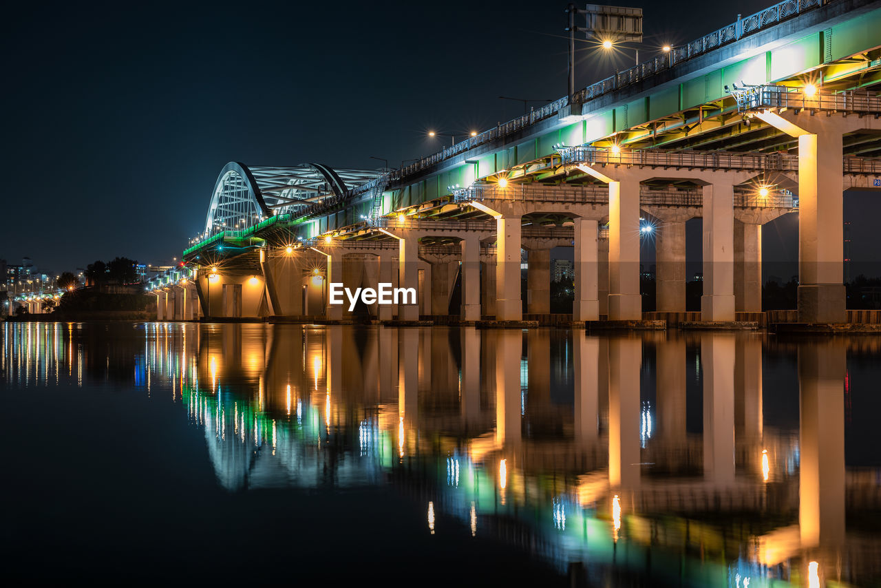 reflection of illuminated bridge over river at night