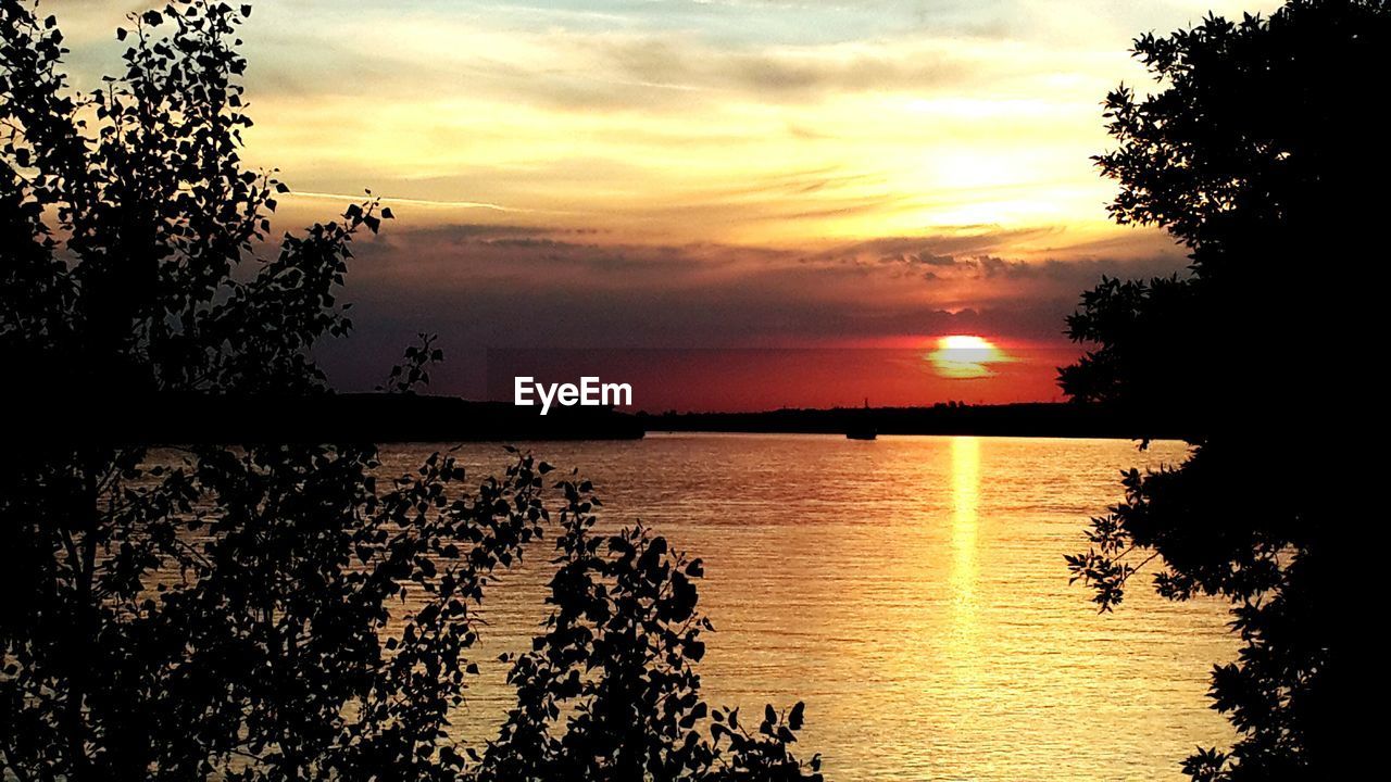 SILHOUETTE TREES BY LAKE AGAINST SKY DURING SUNSET