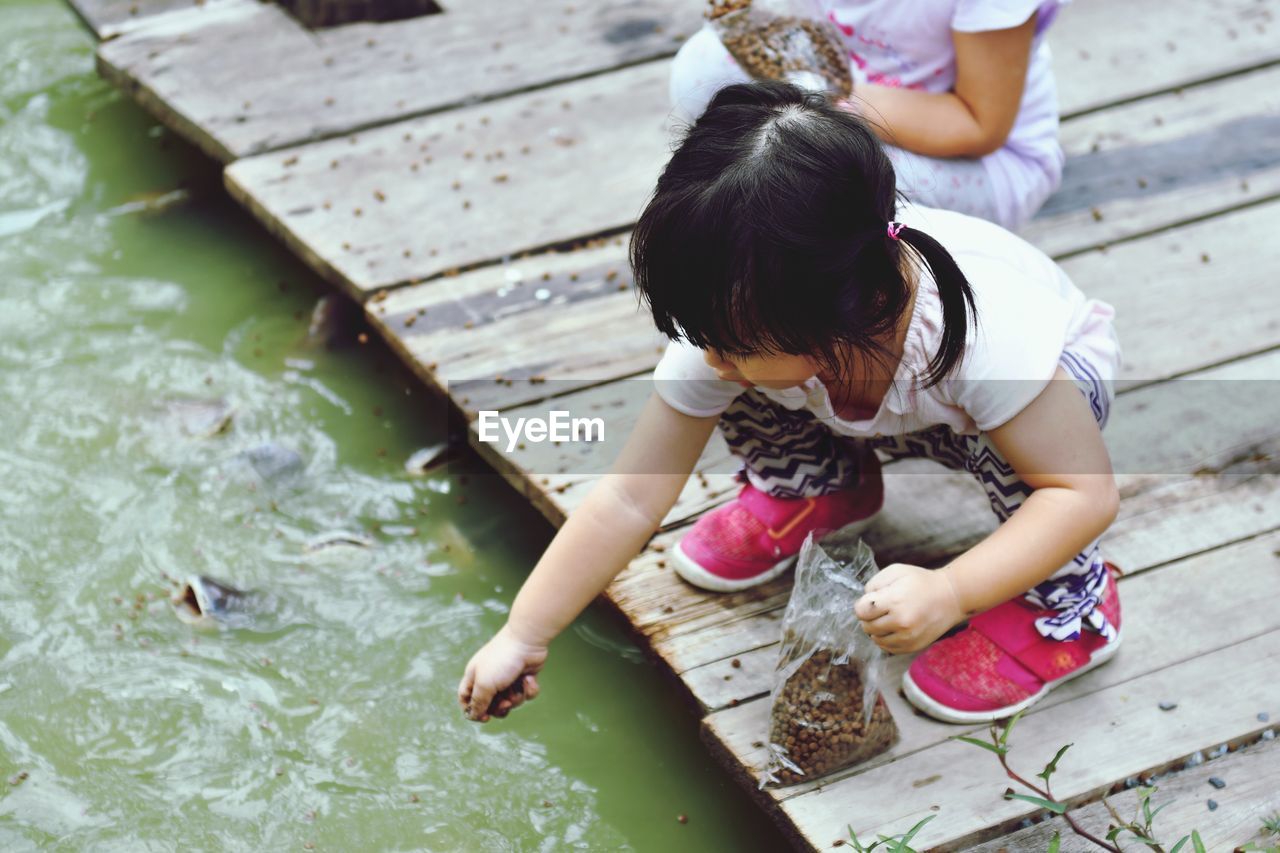 High angle view of girl feeding fish in lake