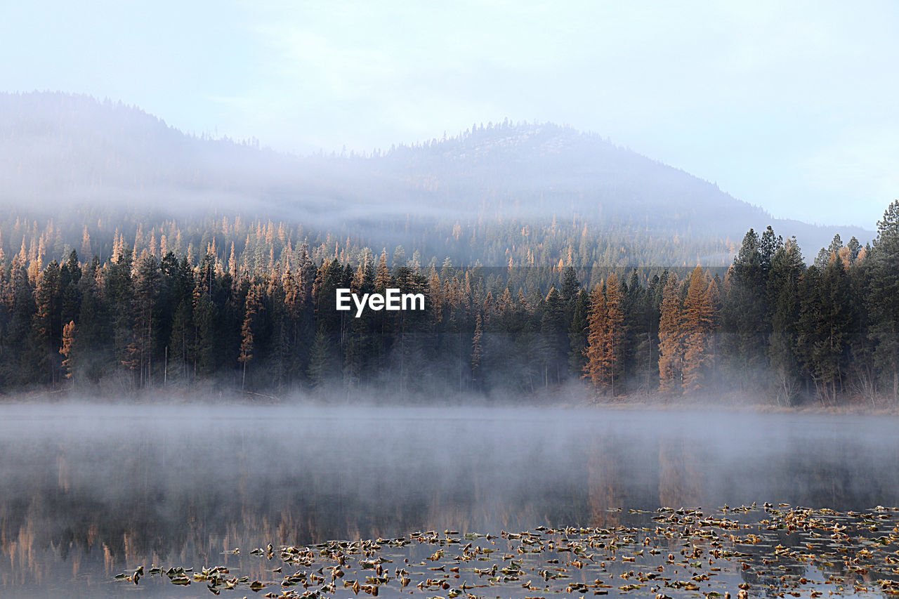 Panoramic view of lake against sky during foggy weather
