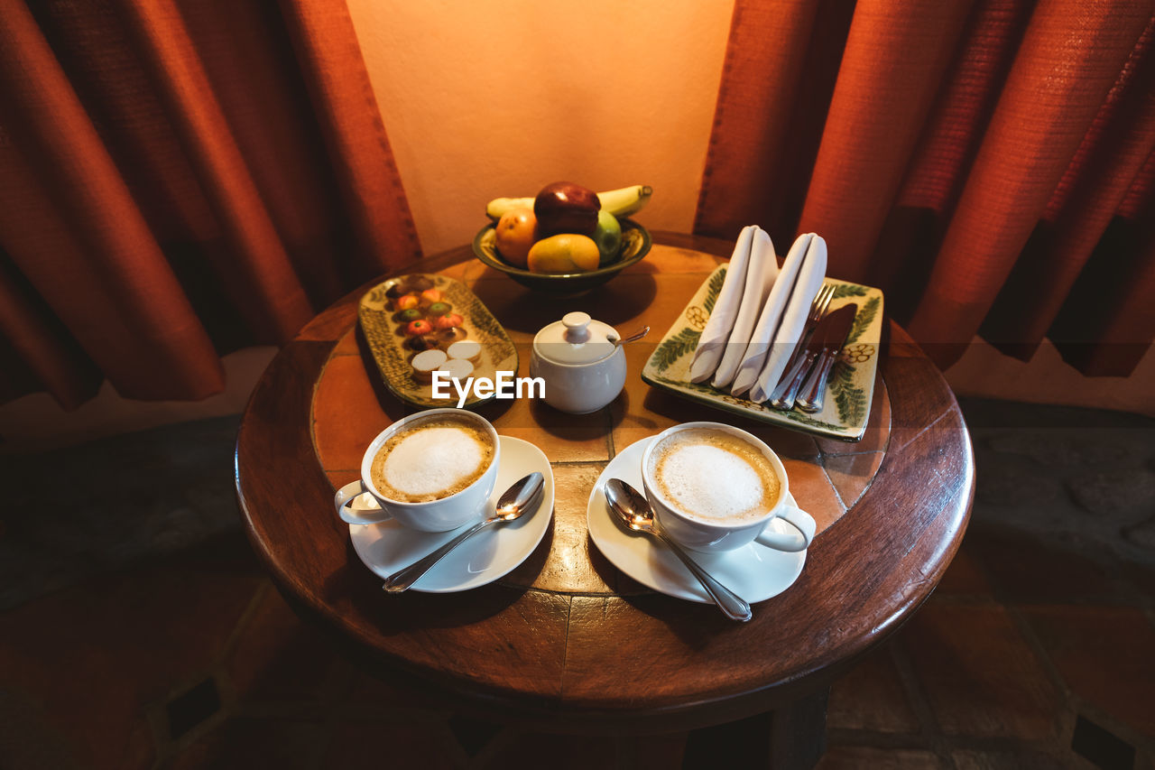 High angle view of breakfast on table