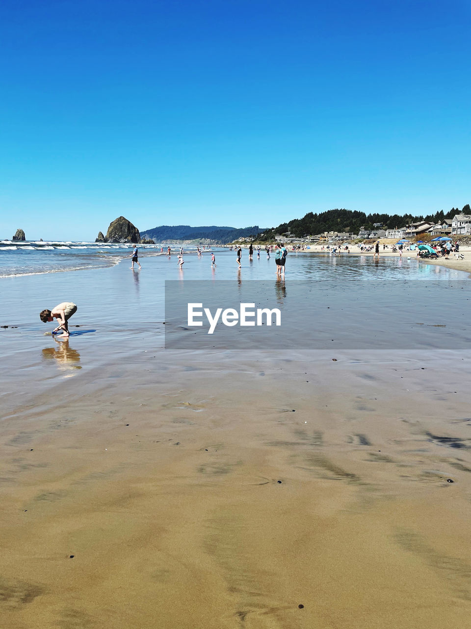 GROUP OF PEOPLE ON BEACH AGAINST CLEAR SKY