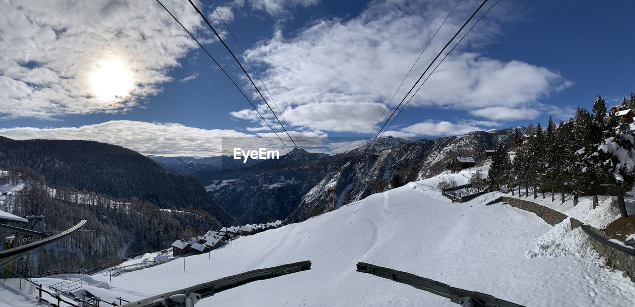 Scenic view of snowcapped mountains against sky