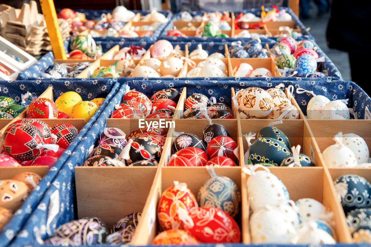 Wide selection of easter eggs, traditional souvenirs in the kiosk of prague street market.