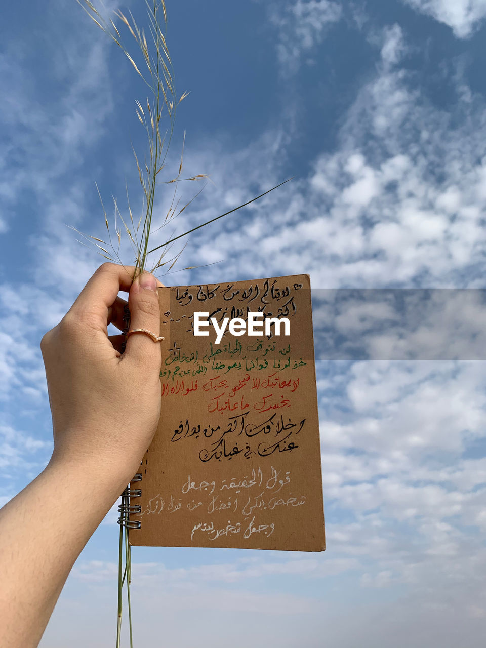 LOW ANGLE VIEW OF PERSON HAND HOLDING TEXT AGAINST SKY