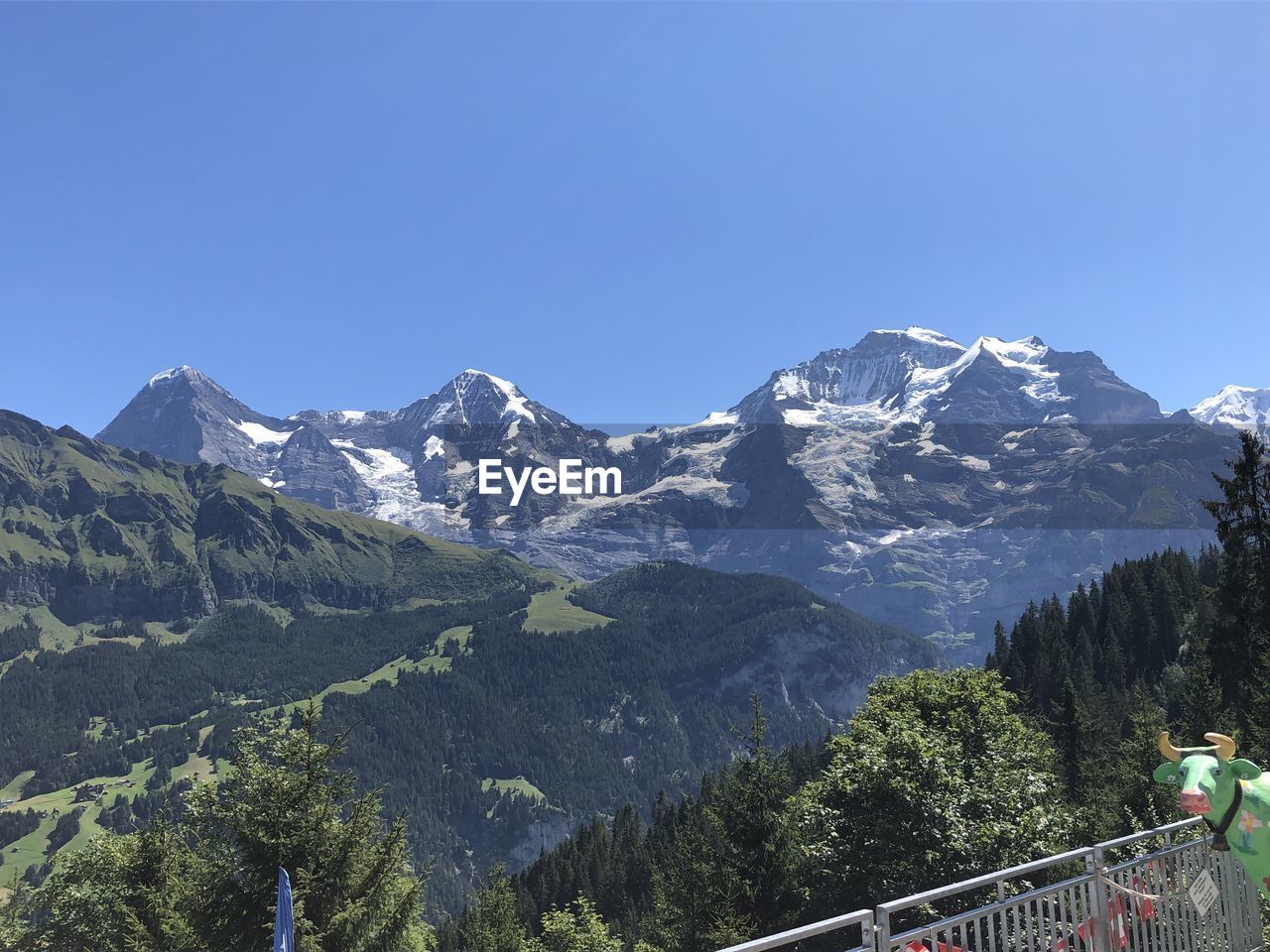 Scenic view of snowcapped mountains against clear blue sky