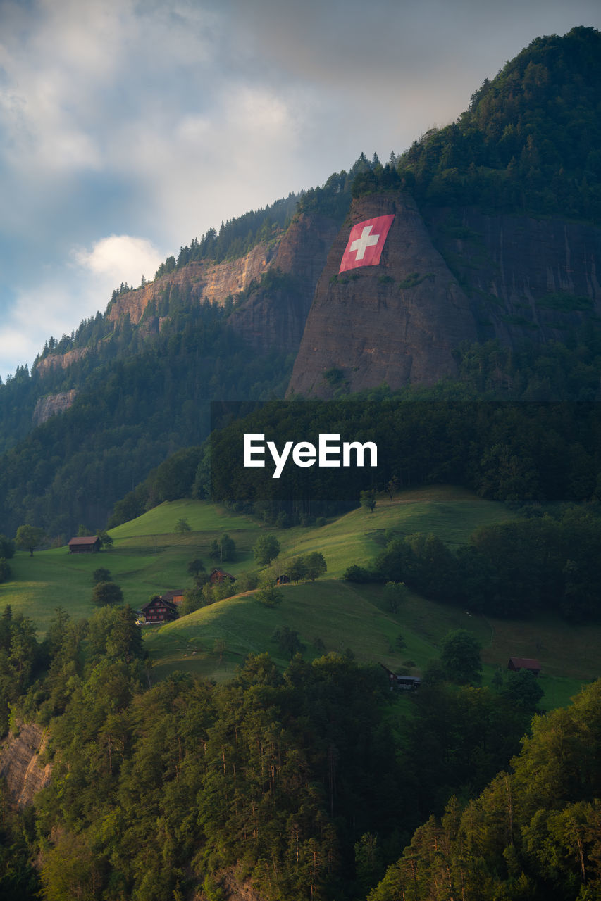 high angle view of trees and mountains against sky