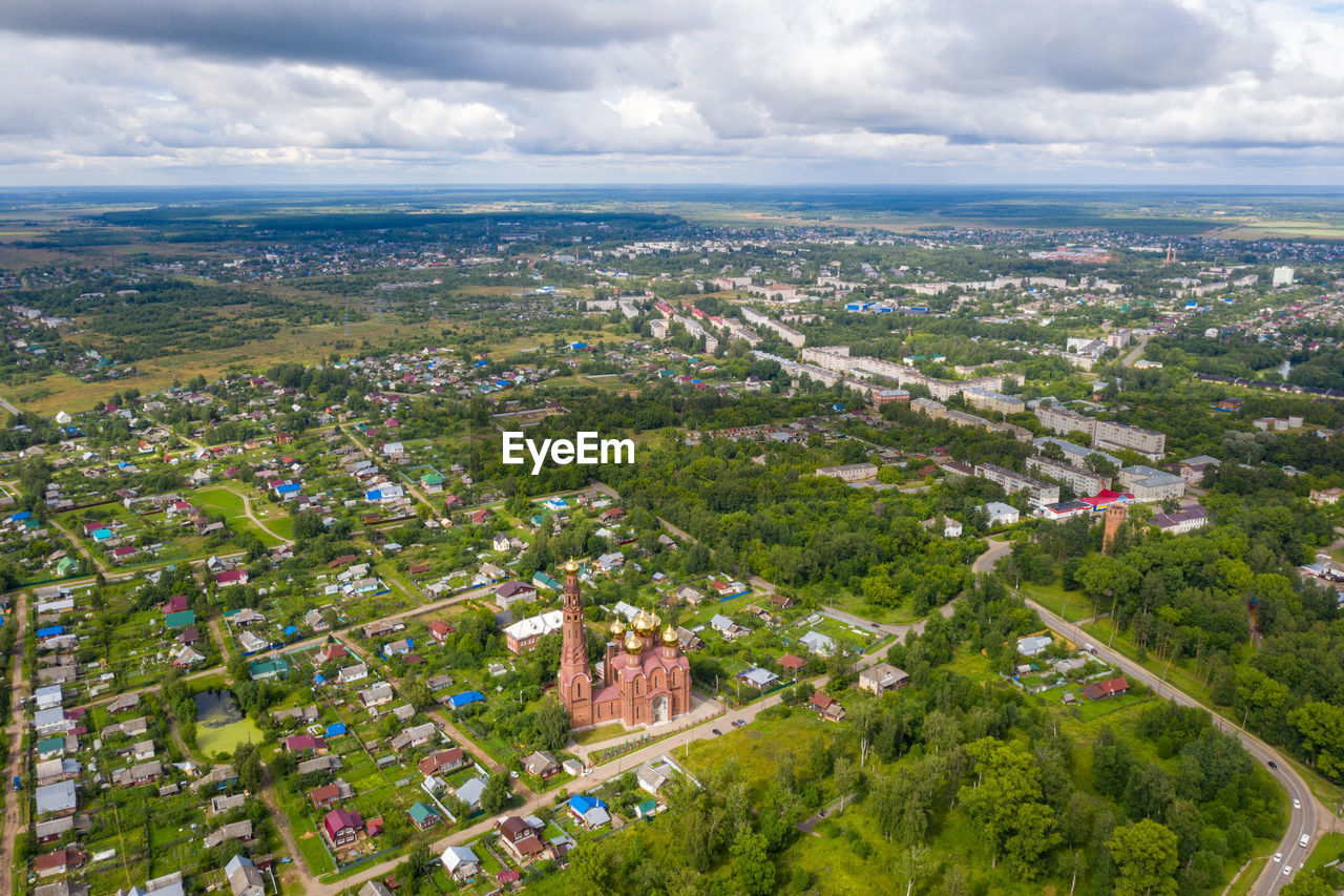 Panorama of the city of vichuga with the church of the resurrection of christ , russia. 