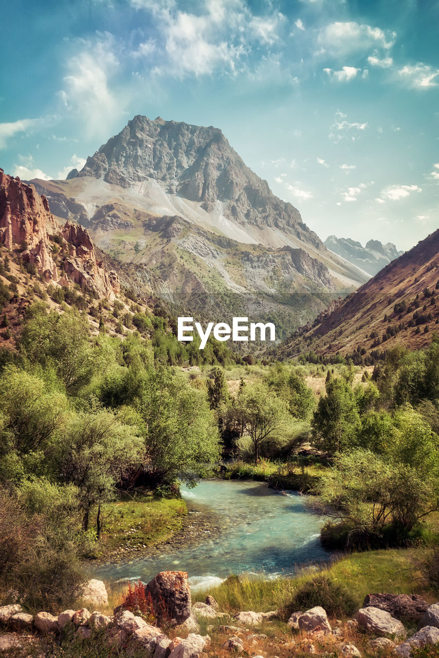 Scenic view of landscape and mountains against sky