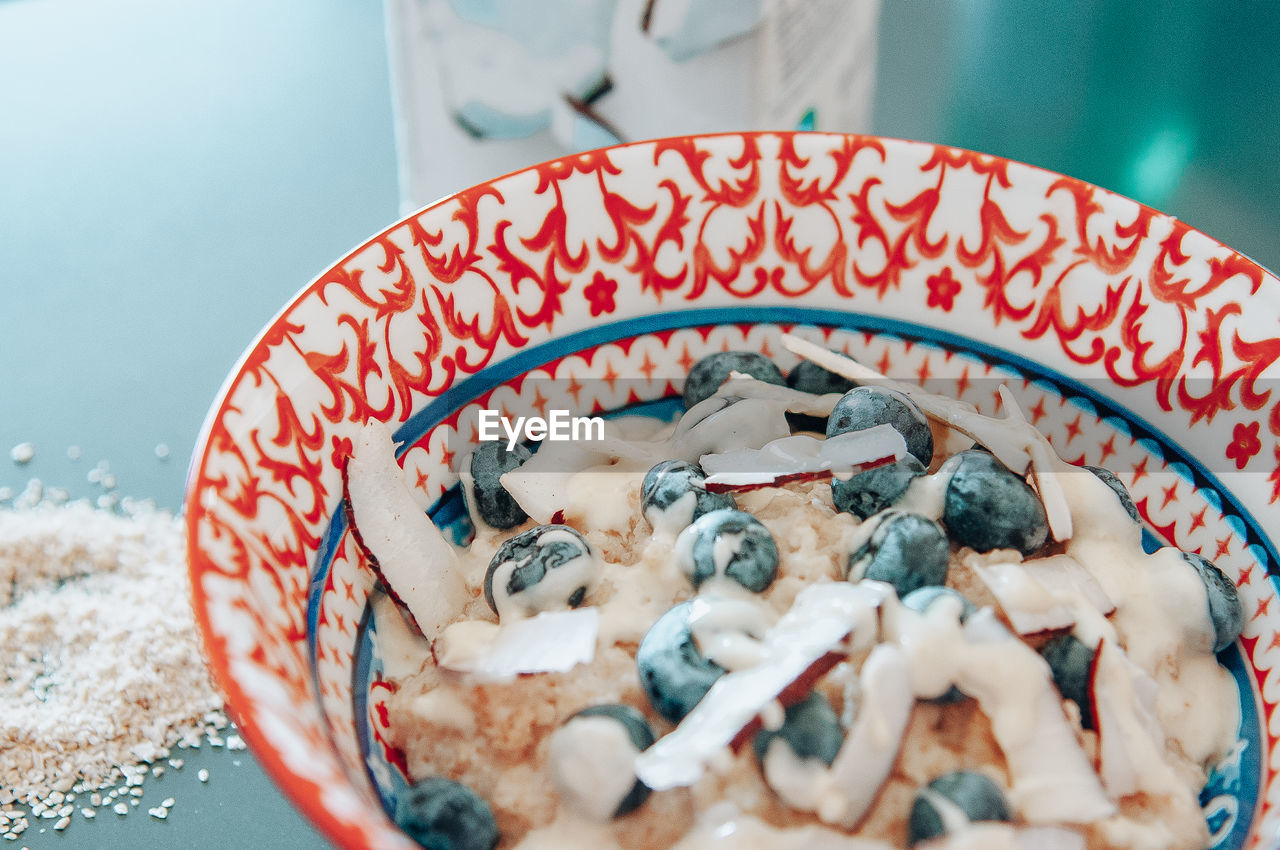 High angle view of food in plate on table