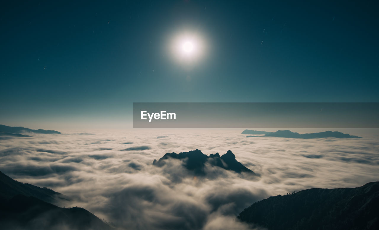 Scenic view of snowcapped mountains against sky at night