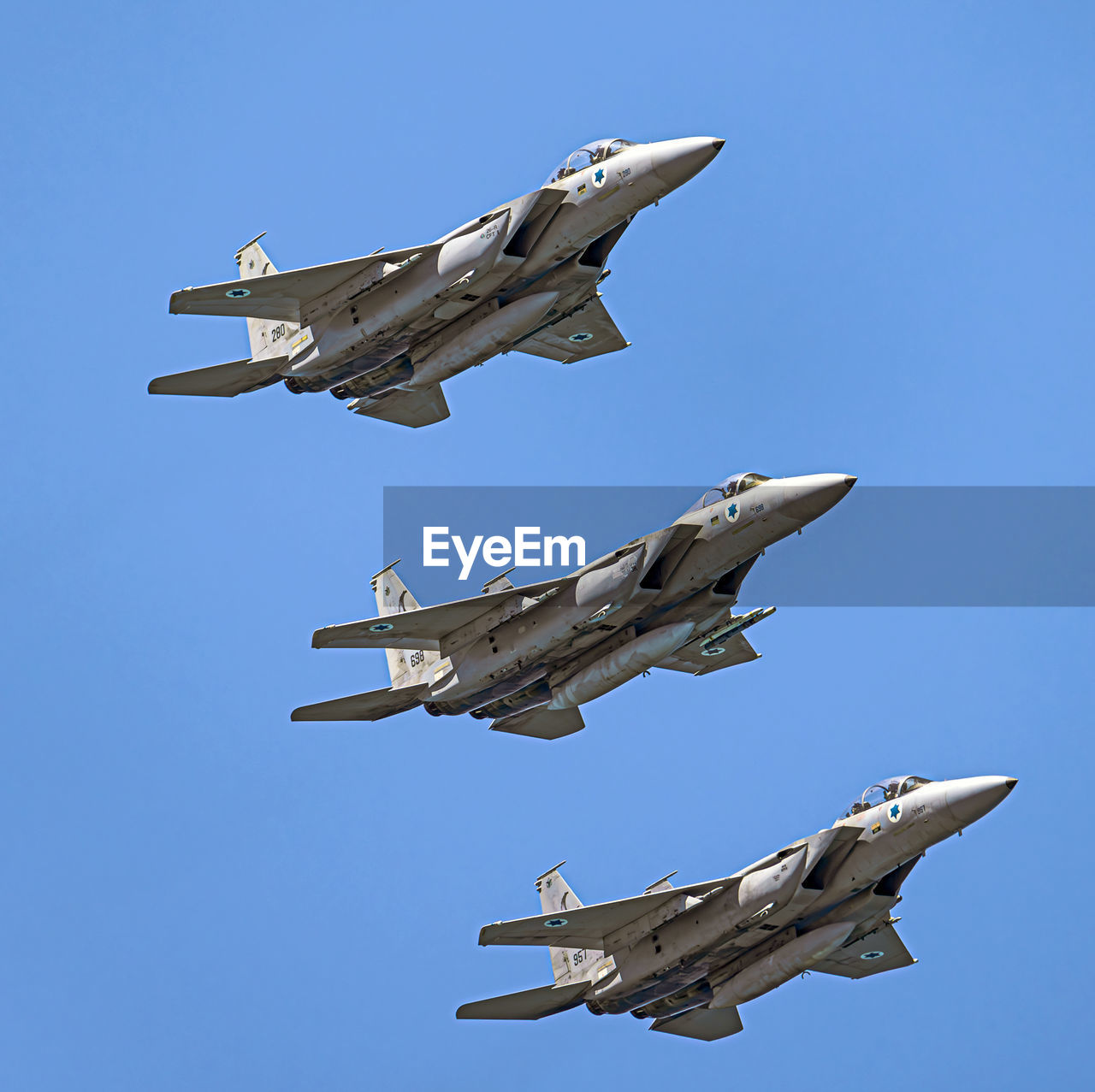 3 f-15s eagle flying over the dado beach in haifa for the independence day the 75th of israel.