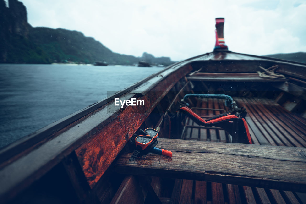 Boat in lake against sky