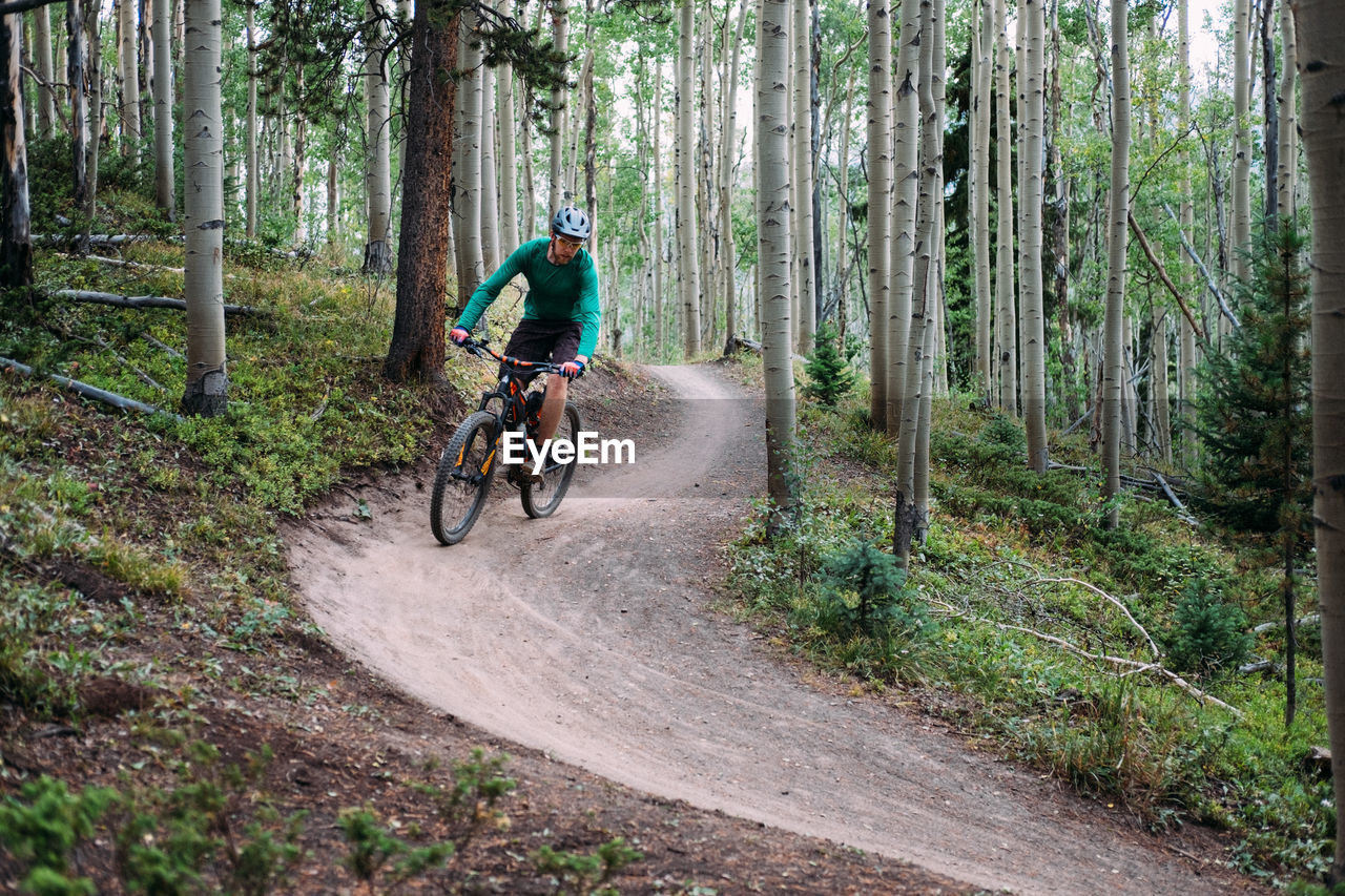 Man riding bicycle in forest