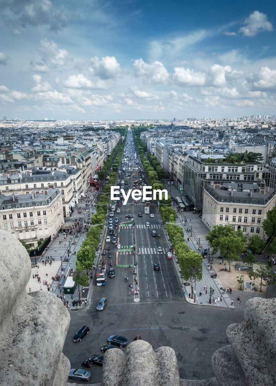 High angle view of street amidst buildings in city