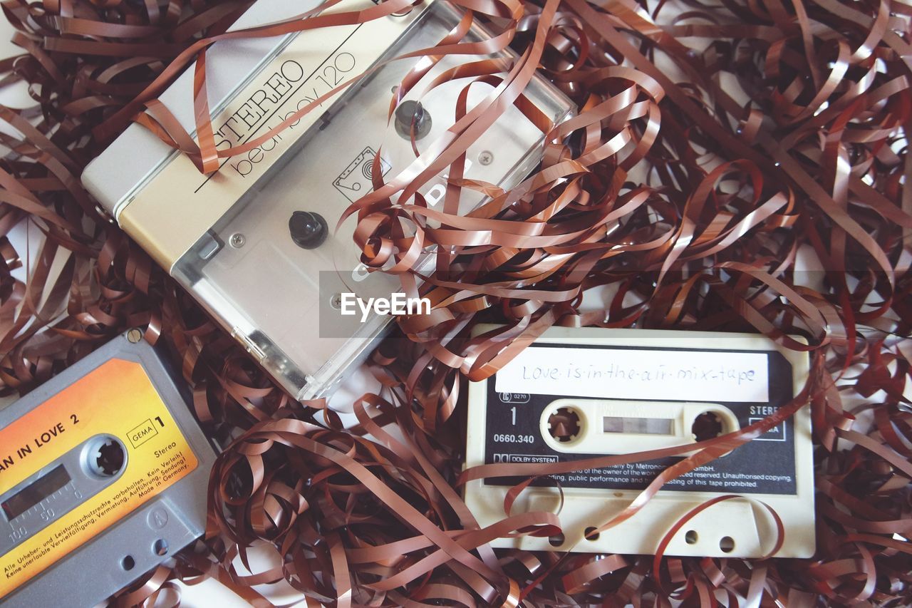 Cassettes on pile of entangled tape