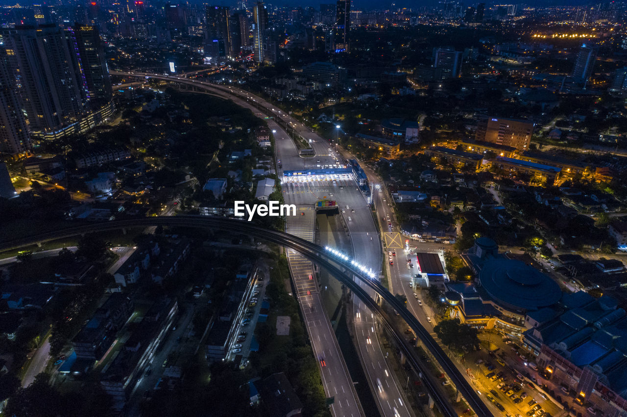 High angle view of city street at night