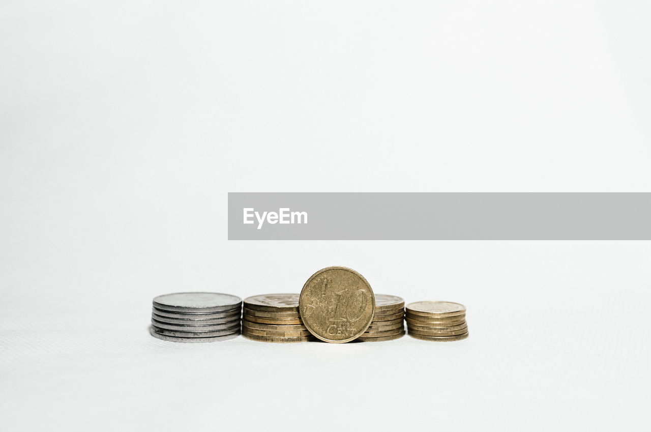 Close-up of coins against white background