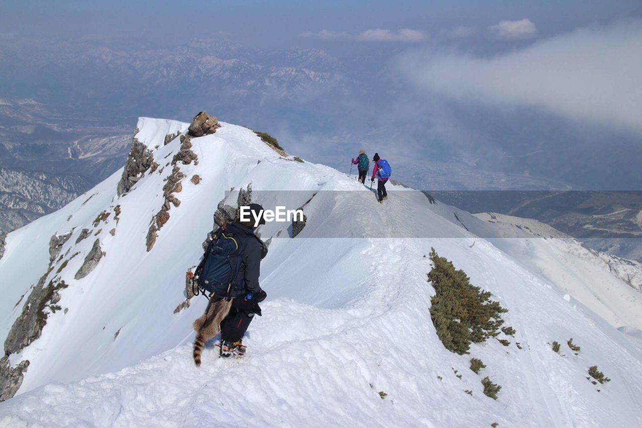 Rear view of hikers climbing on snowcapped mountain