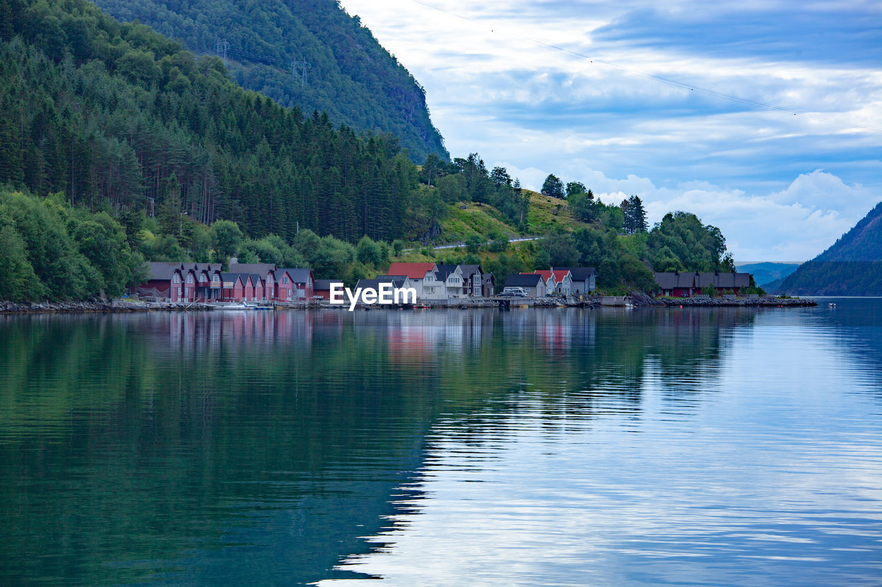 Scenic view of lake by trees against sky