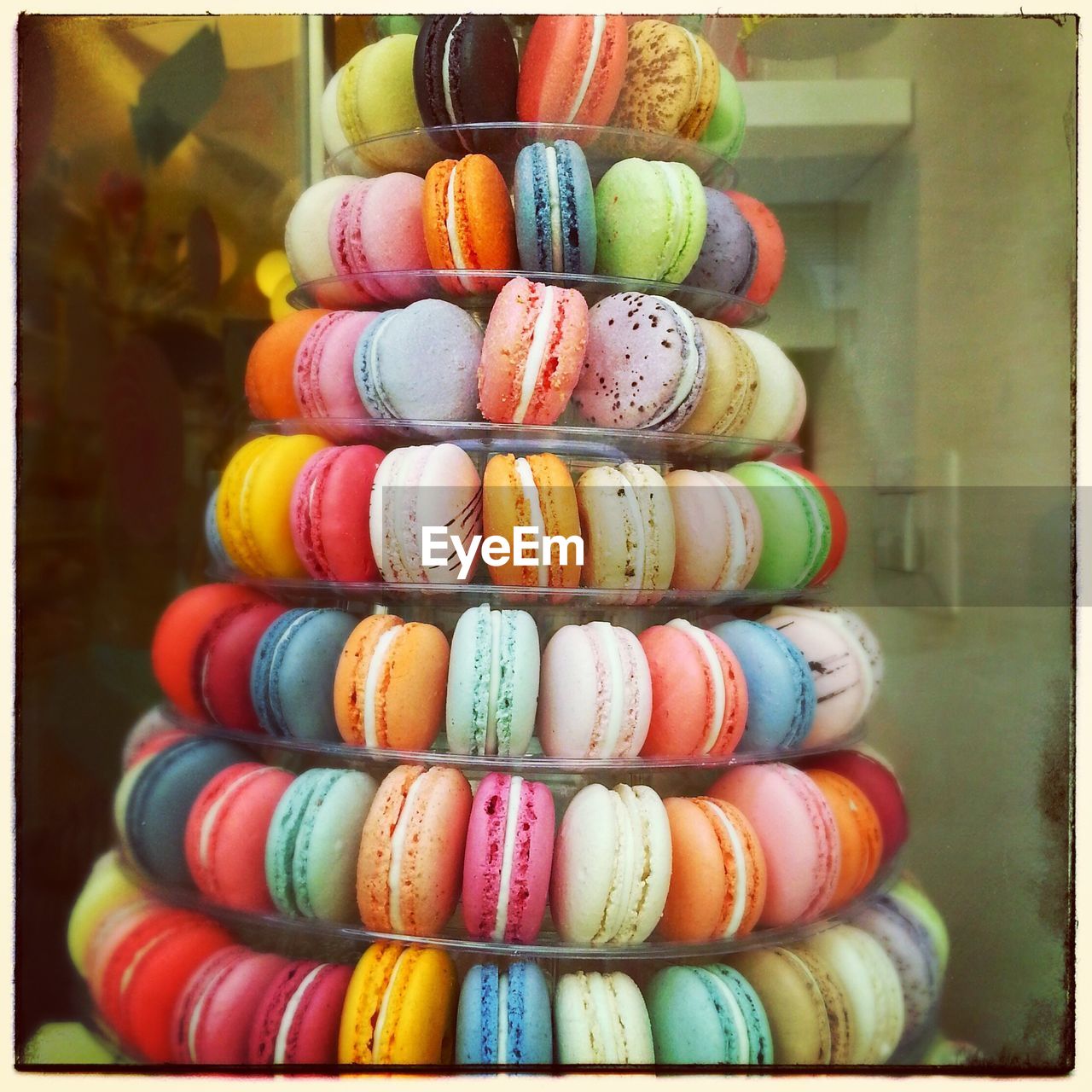 Stack of multi colored macaroons at home