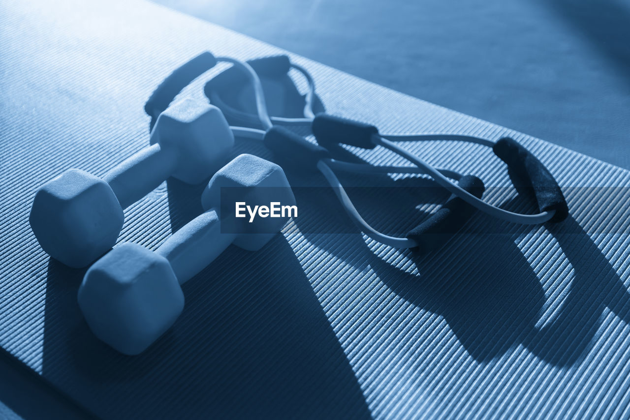 high angle view of exercise equipment on table