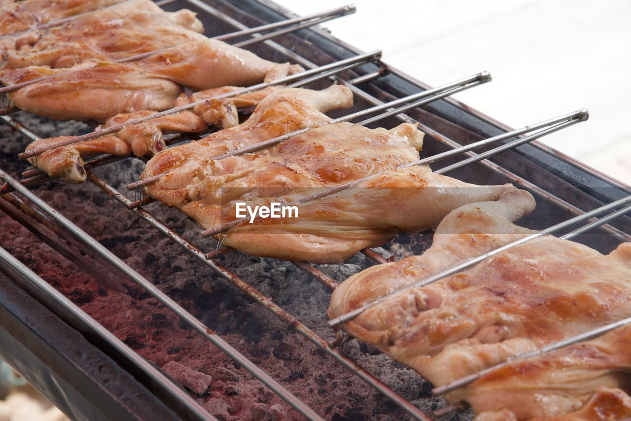 HIGH ANGLE VIEW OF MEAT ON BARBECUE