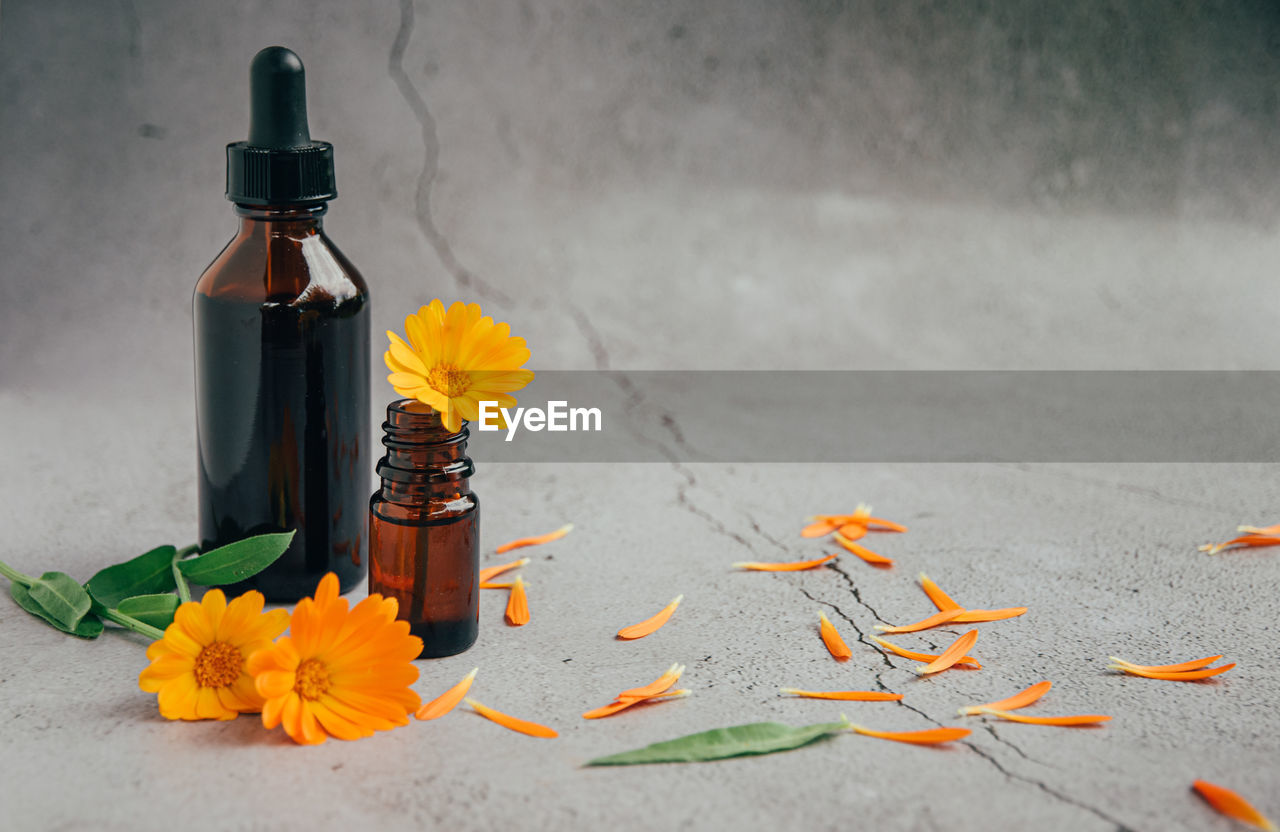 Front view of glass bottles of calendula essential oil with fresh marigold orange yellow flowers 