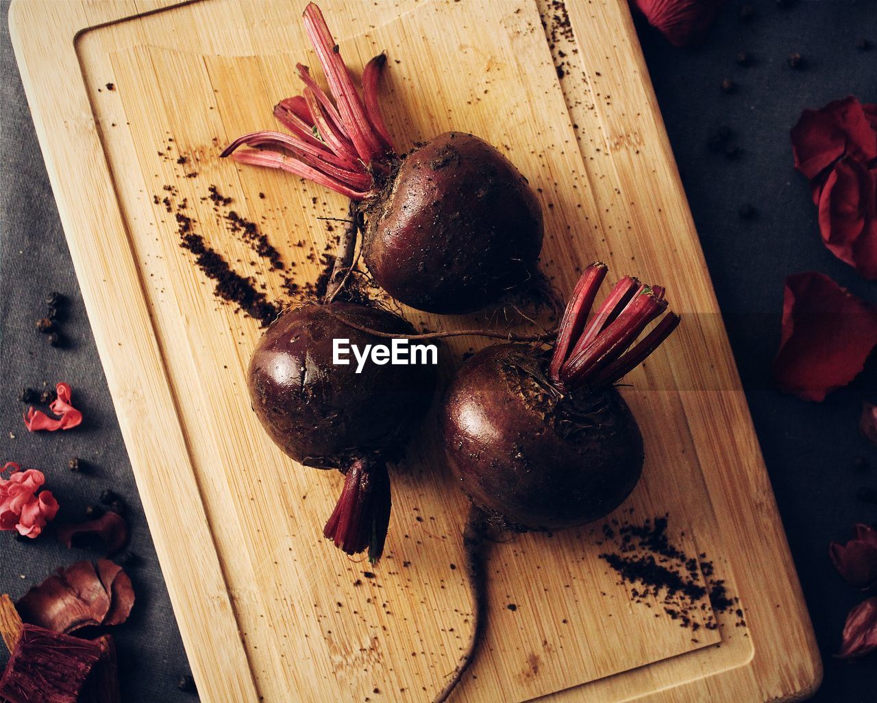 Directly above shot of beetroot on cutting board