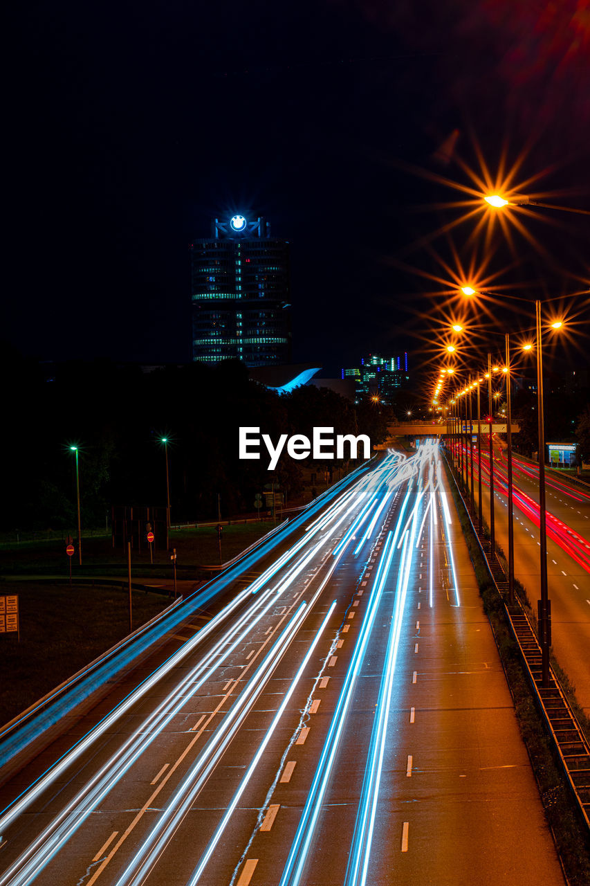 Light trails on road at night