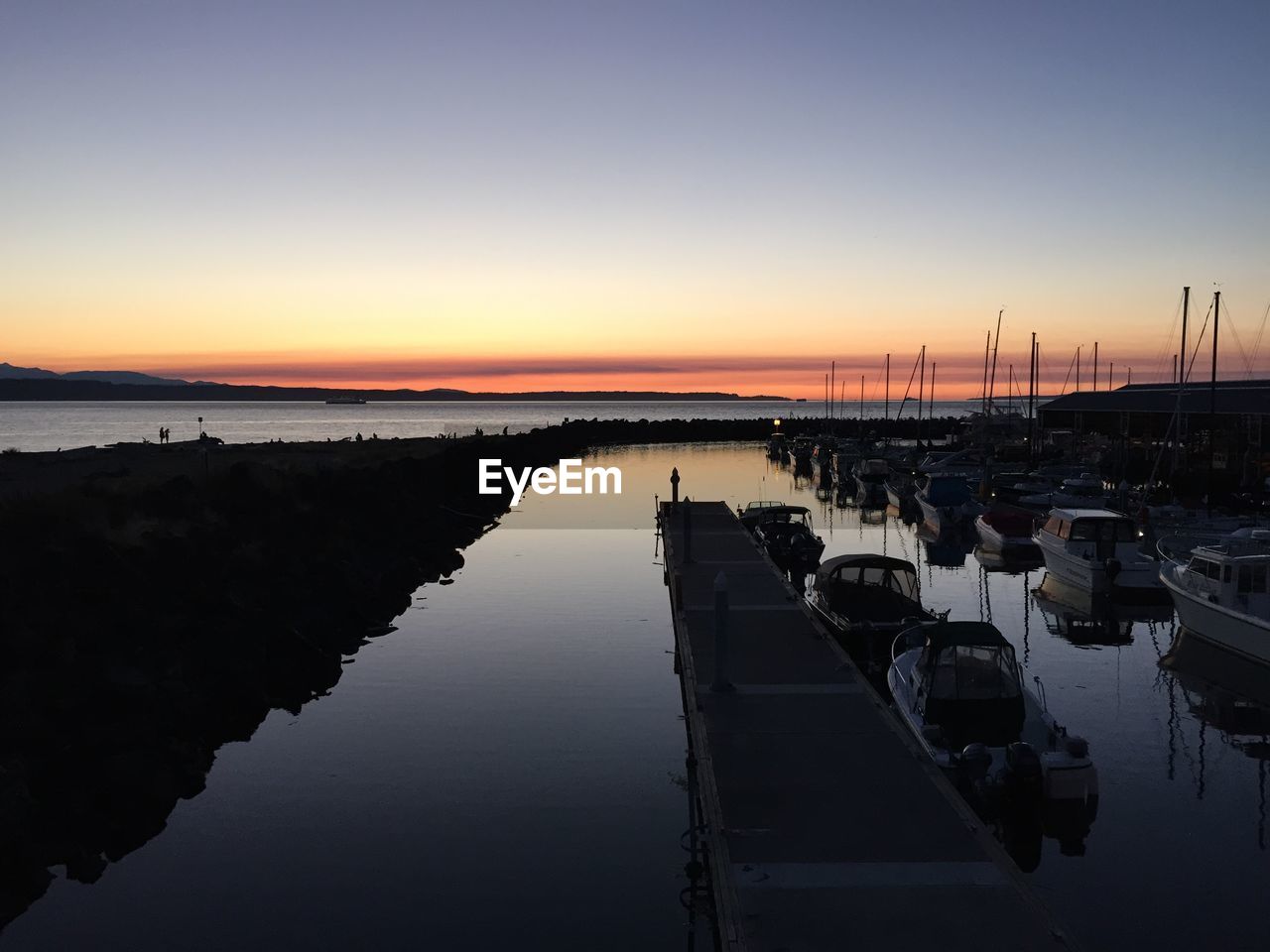 Scenic view of lake against clear sky during sunset