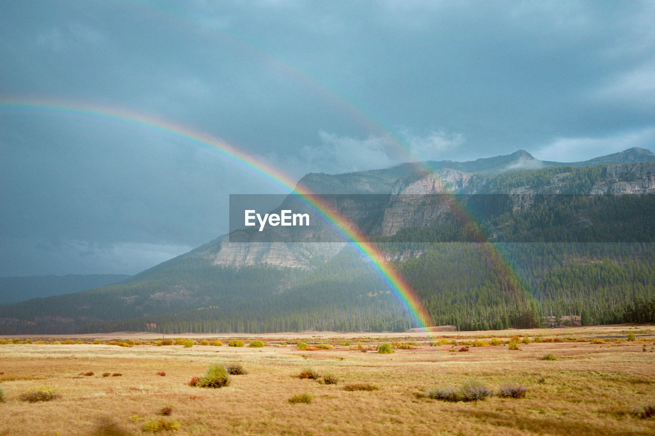 Scenic view of rainbow touching landscape