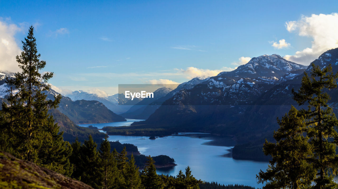 Scenic view of mountain range against blue sky