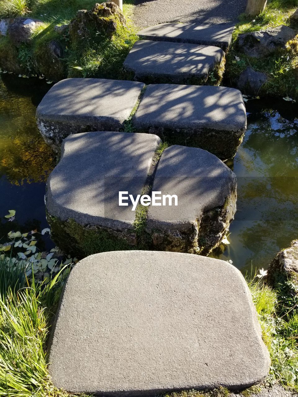 HIGH ANGLE VIEW OF STONES ON ROCK BY LAKE