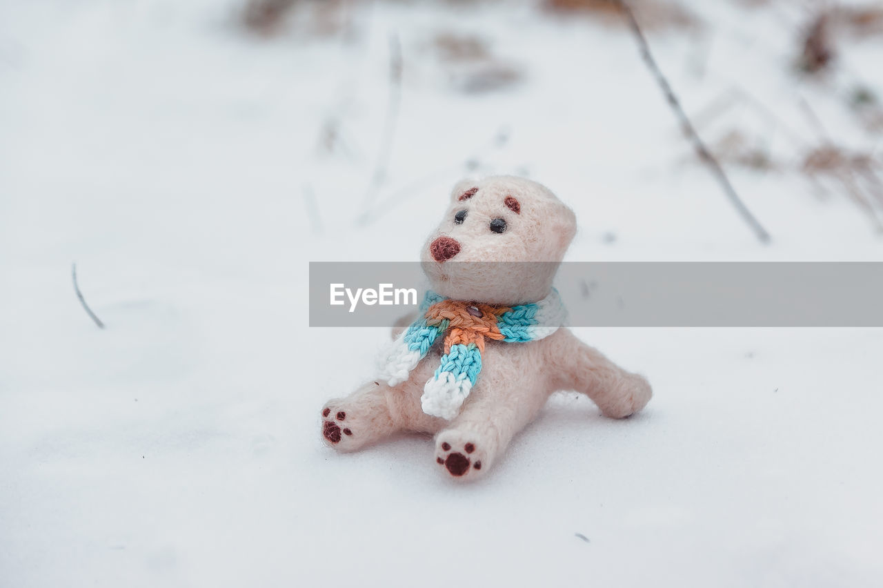 snow, winter, toy, childhood, representation, cold temperature, stuffed toy, animal representation, nature, teddy bear, human representation, cute, animal, snowman, white, child, creativity, day, doll, baby