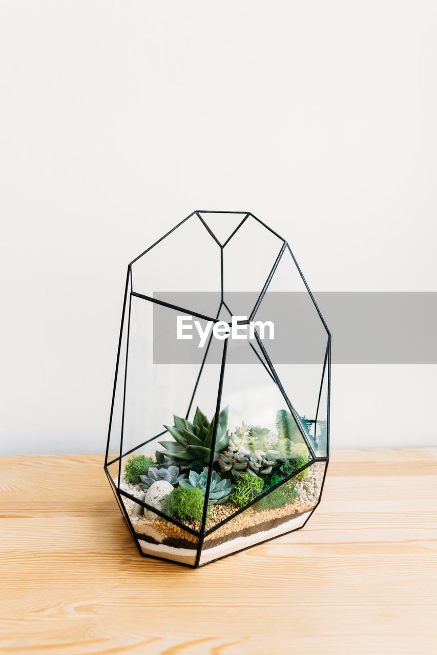 CLOSE-UP OF GLASS ON TABLE AGAINST WALL