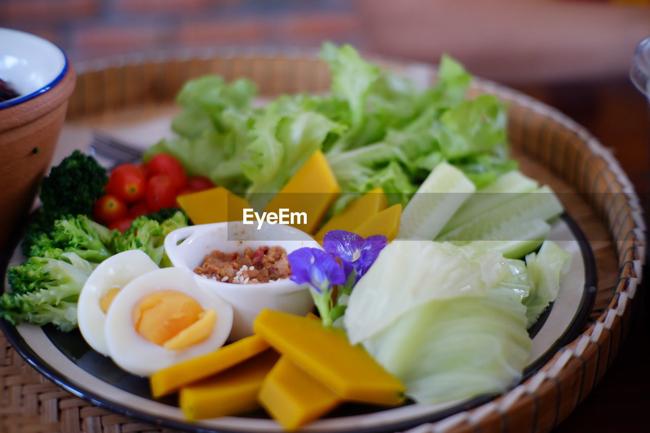 Close-up of salad served on table