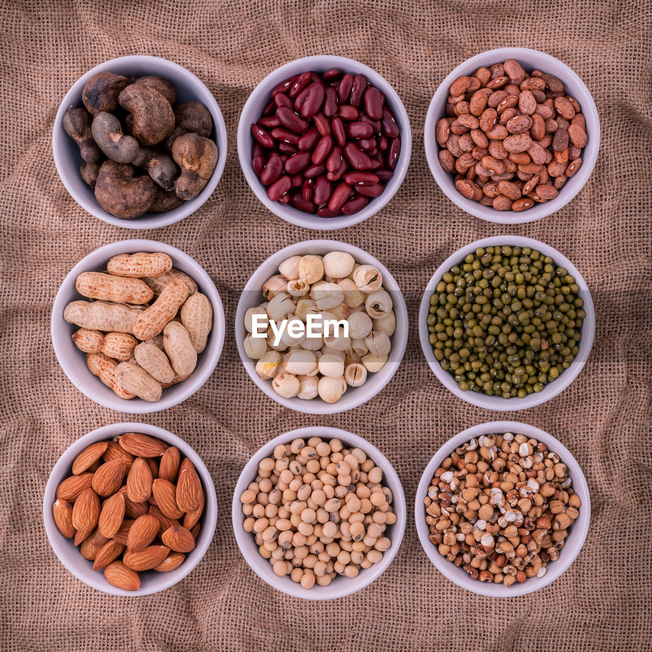 High angle view of various food in bowls